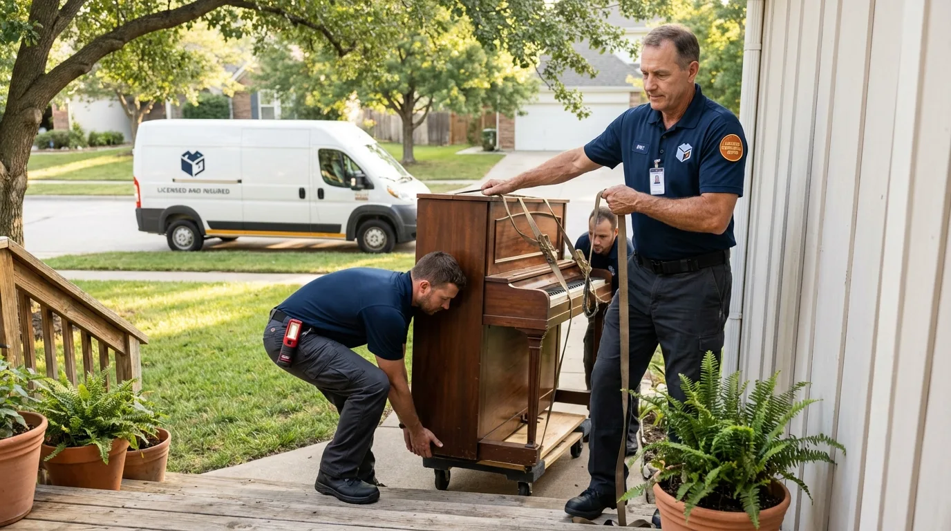 Licensed piano movers securing grand piano in Harrisonville, MO