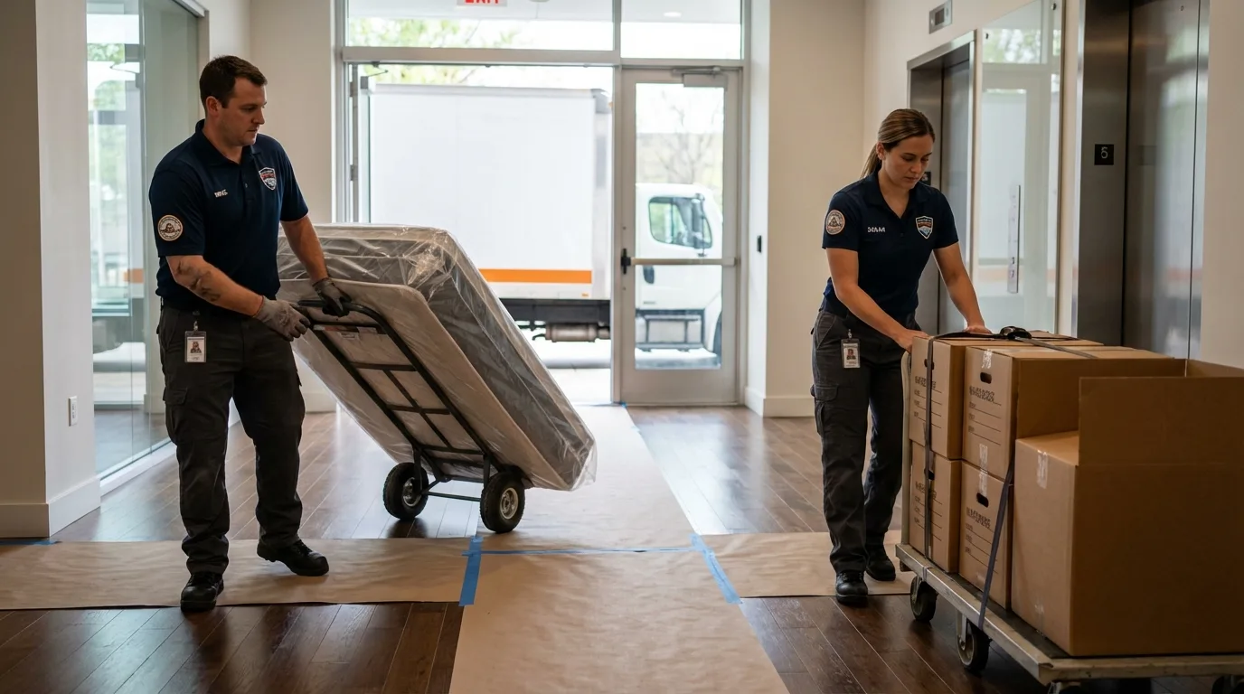 Professional apartment movers loading elevator in Harrisonville, MO